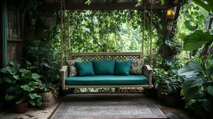 A green swing is suspended over a lush green garden