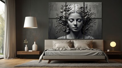 Serene sculpted woman's face, floral headpiece, grayscale, four-panel canvas art in modern bedroom.