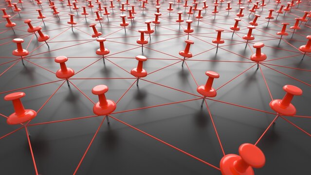Many thumb tacks also called pushpins connected 3d illustration. Can be used to represent problem solving strategy, connecting dots of a police crime mystery or notepaper reminder analysis system
