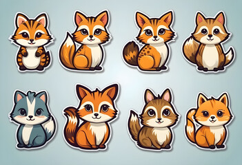 Fototapeta premium Eight adorable cartoon foxes sitting and smiling