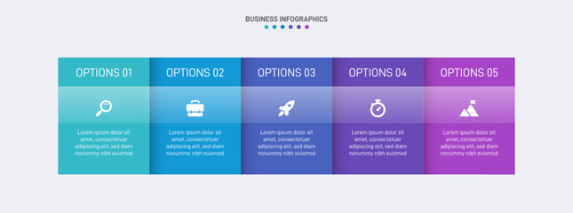 Horizontal progress bar featuring 5 arrow-shaped elements, symbolizing the five stages of business strategy and progression. Clean timeline infographic design template. Vector for presentation