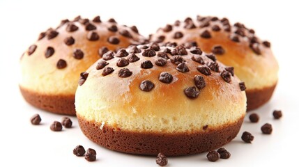 Chocolate chip buns on white background.
