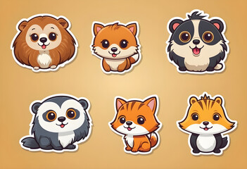 Fototapeta premium Cute cartoon animals stickers set smiling happily