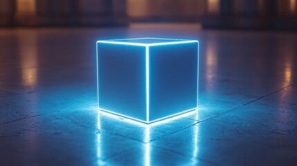 Glowing blue neon cube on reflective floor.