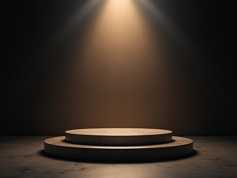 Minimalistyczne, trzypoziomowe podium ustawione pod ciepłym, skupionym światłem punktowym, tworzącym dramatyczną i nastrojową atmosferę w ciemnym pomieszczeniu.

