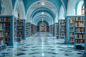 Serene library hallway with blue bookshelves and arched ceilings.
