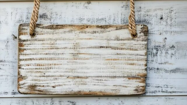 Wooden Signboard with Rope. Wood sign board template. Hanging notice board with empty white space. Blank rustic textured vintage board. Timber mock-up, customizable surface. Retro Style Ancient Sign.