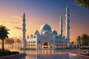 Beautiful white mosque is shining under the dusk sky