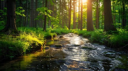 Obraz premium A forest is a vast, intricate ecosystem teeming with life, where towering trees stretch skyward, their leafy canopies interwoven to create a natural roof that filters sunlight into dappled patterns on