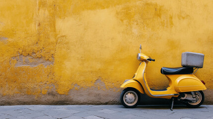 Colorful yellow scooter parked against vibrant wall in urban setting