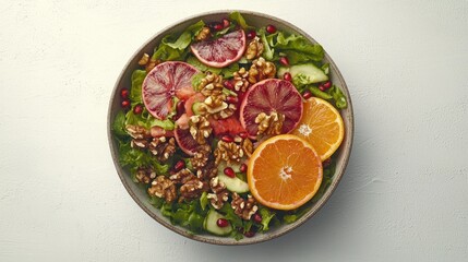 Citrus, pomegranate, walnut salad in bowl on white background.