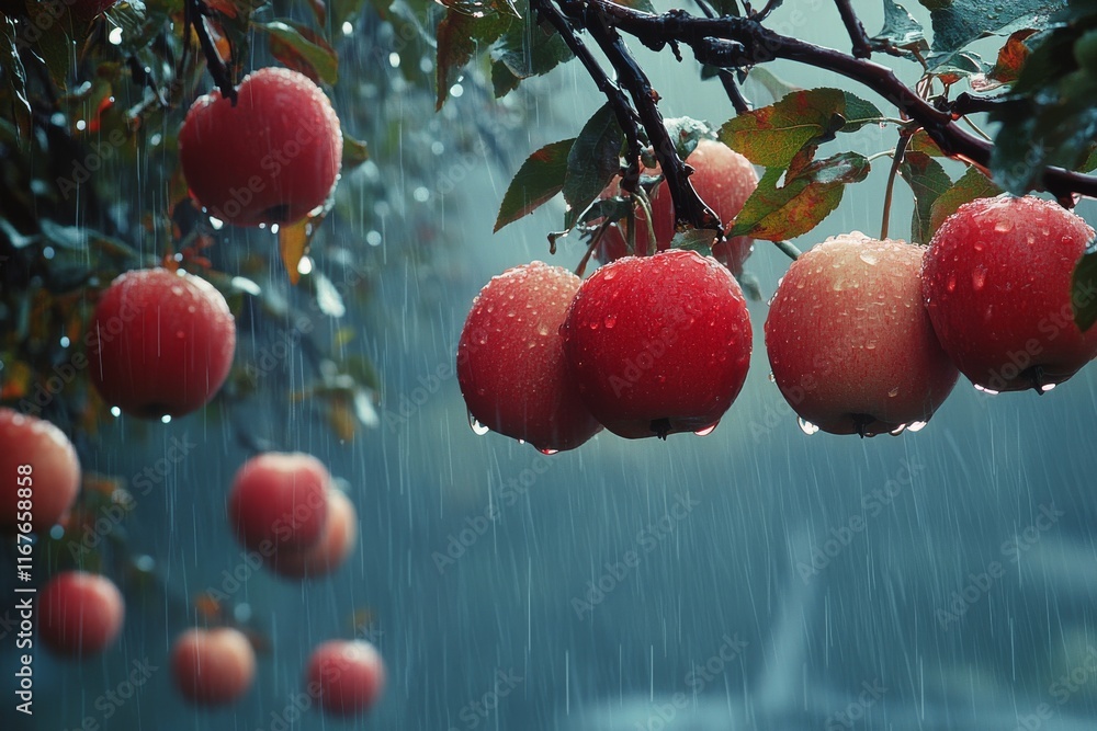 Poster red apples hang from branches with rain cascading in a lush forest setting
