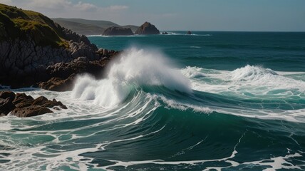 Fototapeta premium Powerful ocean waves crashing against rocky coastline on a sunny day.