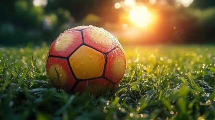 Fototapeta premium A soccer ball is sitting on the grass in the sun