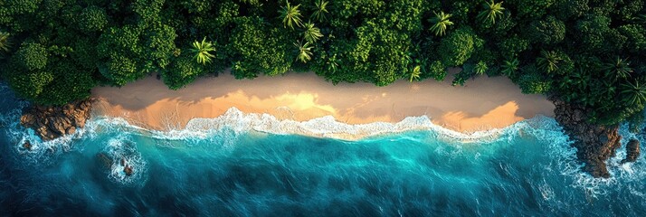 Aerial view of a secluded tropical beach with lush green foliage, golden sand, and turquoise ocean waves.