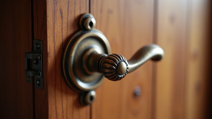 Obraz premium Beautiful chalet door handle with a rustic charm against wooden background