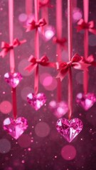 Valentine's day festive background with A pink background with a bunch of pink hearts hanging from a red ribbon. The hearts are made of crystal and are hanging from a string