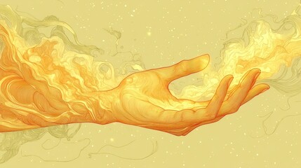 Fototapeta premium A stylized hand emanating swirling golden energy against a soft background.