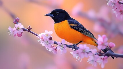 Fototapeta premium Baltimore Oriole Icterus galbula radiant orange black bird perched on a branch with budding flowers glowing in warm afternoon sunlight