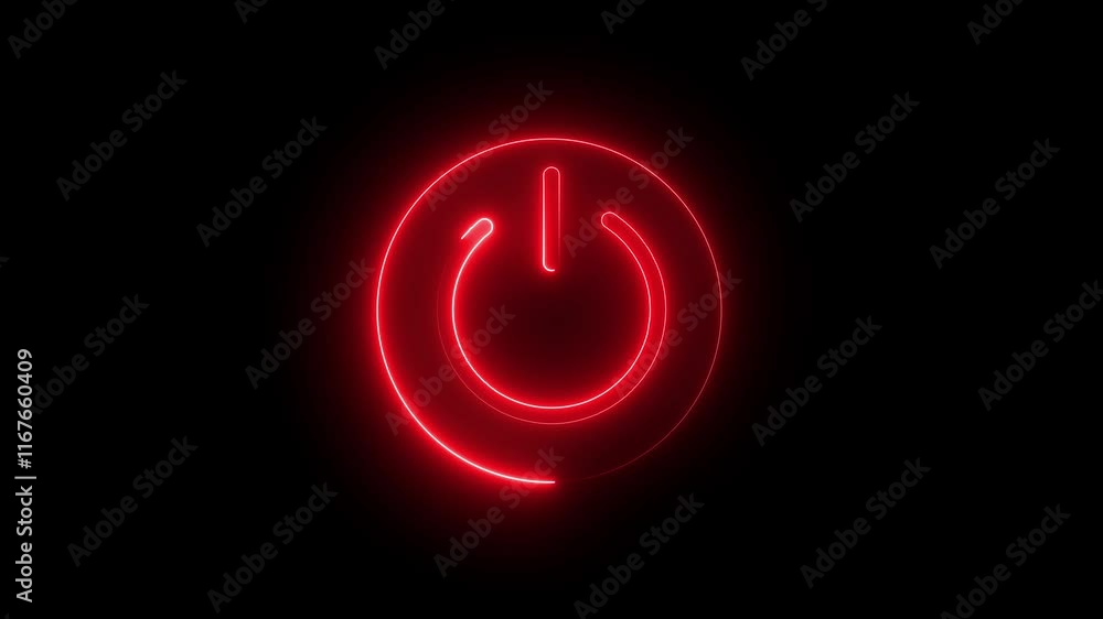 Poster neon glowing power button icon animated on a black background. neon power reset button sign animatio