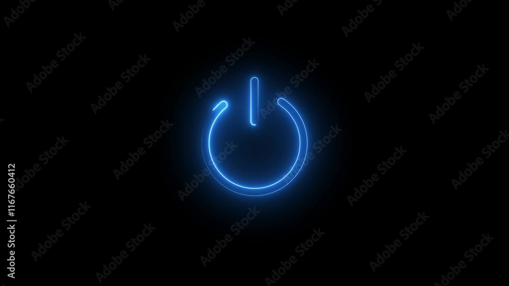 Poster neon glowing power button icon animated on a black background. neon power reset button sign animatio