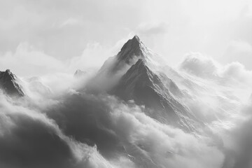 Majestic mountain peaks emerge from thick clouds at dawn in a breathtaking black and white landscape
