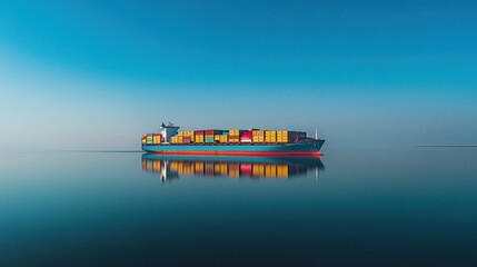 Container ship sailing on calm ocean waters under a clear blue sky.