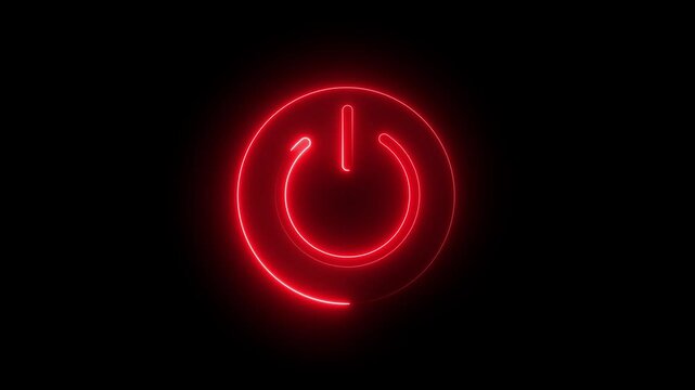 Neon glowing power button icon animated on a black background. Neon power reset button sign animation.