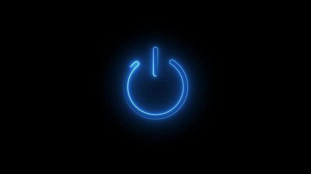 Neon glowing power button icon animated on a black background. Neon power reset button sign animation.