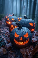  A row of glowing Halloween pumpkins on an old wooden table, with a misty forest and sunset creating an eerie backdrop, perfect for Halloween-themed visuals, with copy space