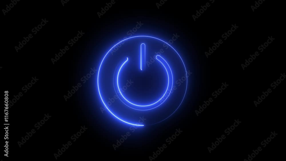Poster neon glowing power button icon animated on a black background. neon power reset button sign animatio