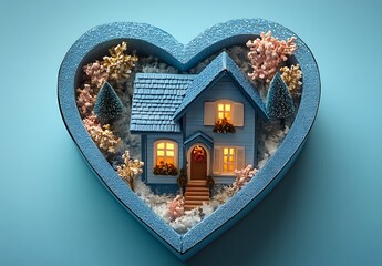 Blue heart-shaped box with a house and trees


