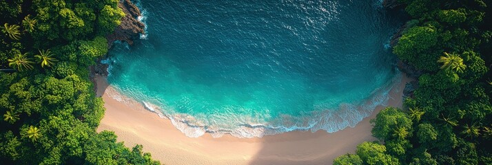 Aerial view of secluded tropical beach with turquoise water and lush green foliage.