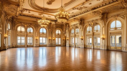 Fototapeta premium Grand ballroom with ornate gold details, chandeliers, and hardwood floors.
