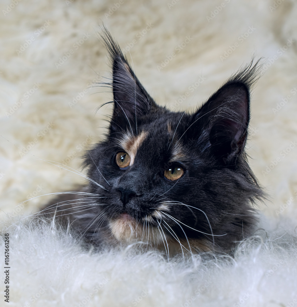 Poster Beautiful blue maine coon kitten on a white carpet.