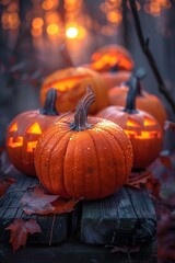  A row of glowing Halloween pumpkins on an old wooden table, with a misty forest and sunset creating an eerie backdrop, perfect for Halloween-themed visuals, with copy space