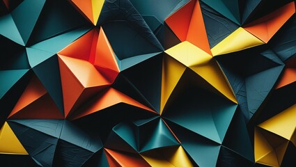 Fototapeta premium Origami inspired abstract artwork with three-dimensional intricate geometric paper fold. Bold and dynamic surface structure. Textured vibrant colours with striking artistic visual.