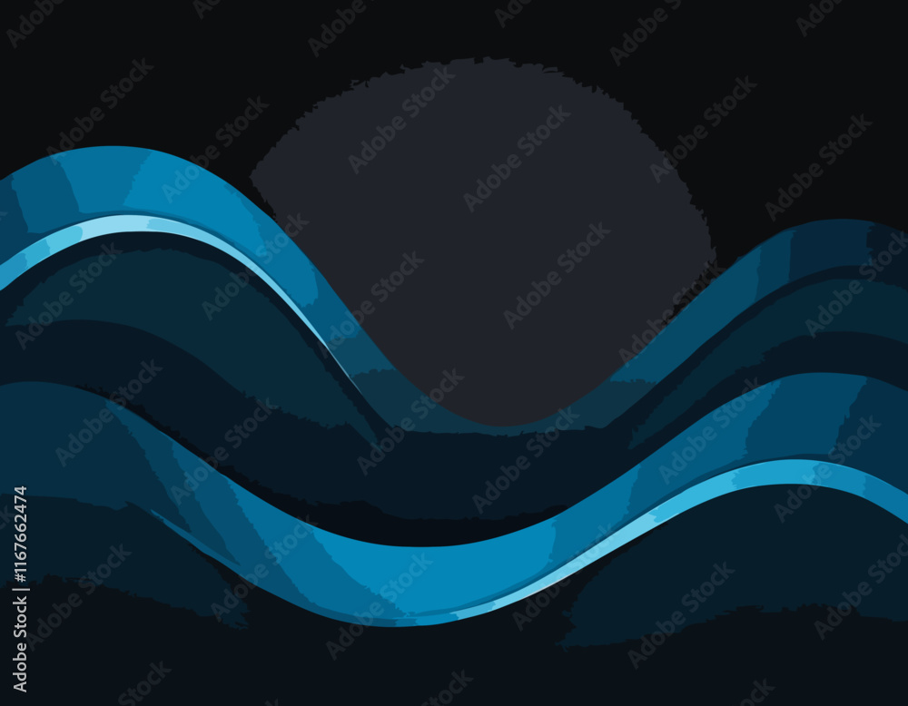 Poster vector abstract shiny color blue wave design element on dark background. science design