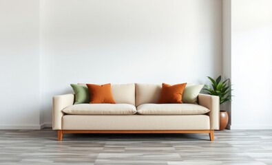 Modern minimalist living room, beige sofa, orange accent pillows, wooden legs, potted plant, white brick wall, natural light, clean lines, Scandinavian design, neutral color palette, cozy interior, un