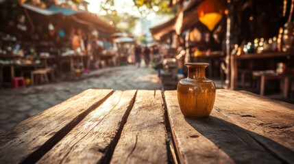 Rustic Wooden Table with Vase in Street Market Background