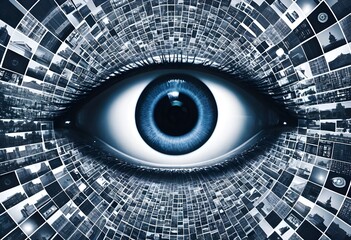 A giant eye watching citizens, surrounded by surveillance cameras
