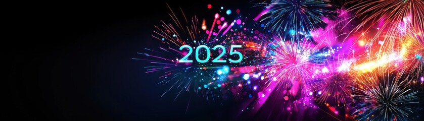 Fototapeta premium Vibrant Fireworks Bursting in Colorful Display with 2025 Text for Celebration and New Year Countdown