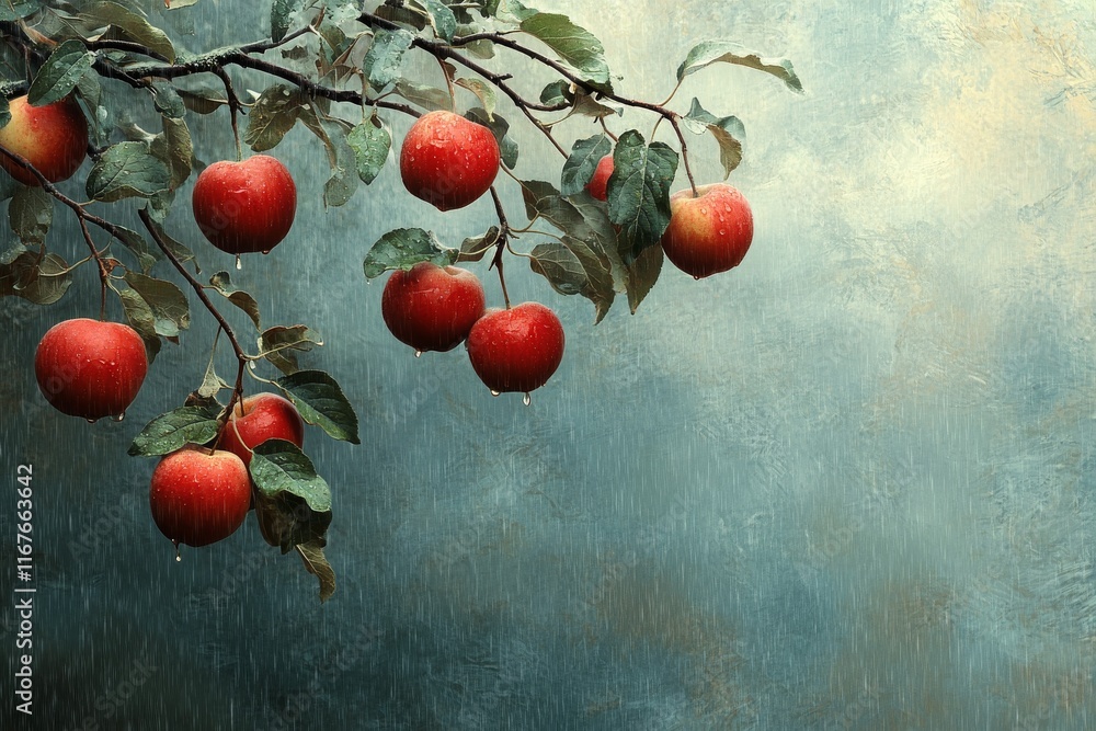 Poster red apples hang from branches with rain cascading in a lush forest setting