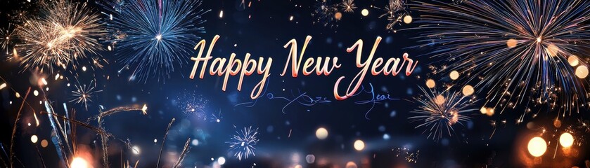 Radiant Celebratory Background with Fireworks and Happy New Year Text in Pink and Blue Shades