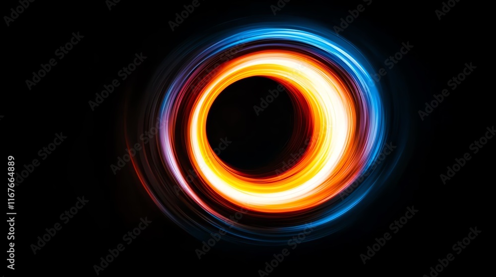 Poster dynamic swirling neon light in a circular pattern against a dark background.