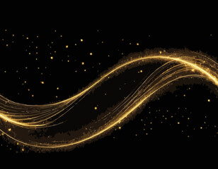 Set golden shimmering waves with light effect isolated on black background. Gold glittering star dust trail. Magic motion swirl lines.