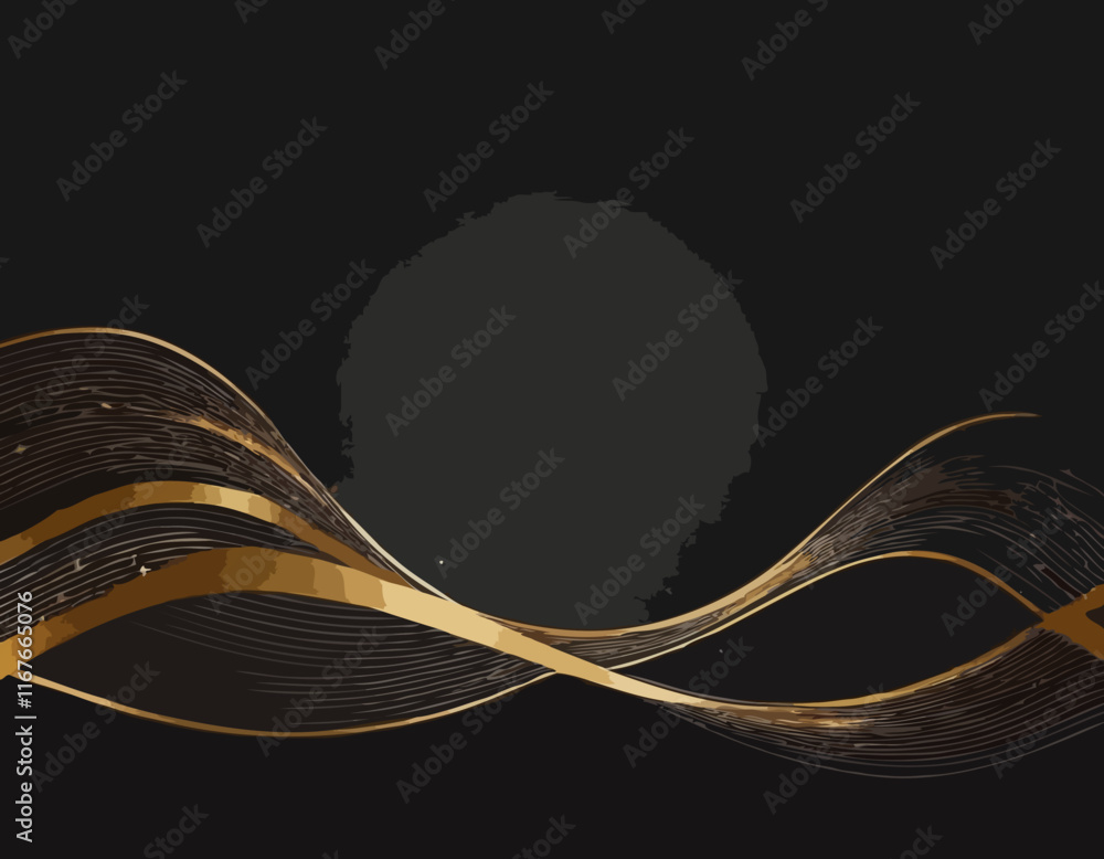 Poster abstract gold waves. shiny golden moving lines design element on dark background for greeting card a