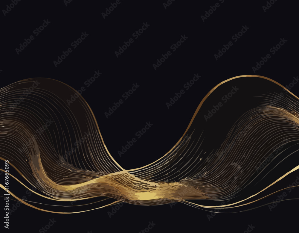 Poster abstract gold waves. shiny golden moving lines design element on dark background for greeting card a