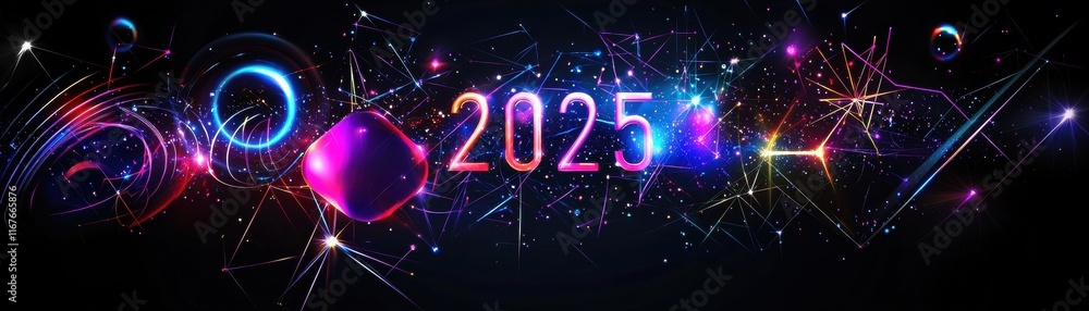 Poster abstract neon glowing geometric shapes with bright colors and modern design elements in a dynamic co