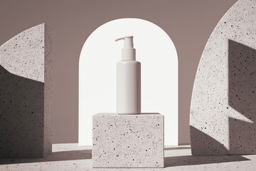 Stylish white bottle showcased in a minimalistic environment with geometric shapes.